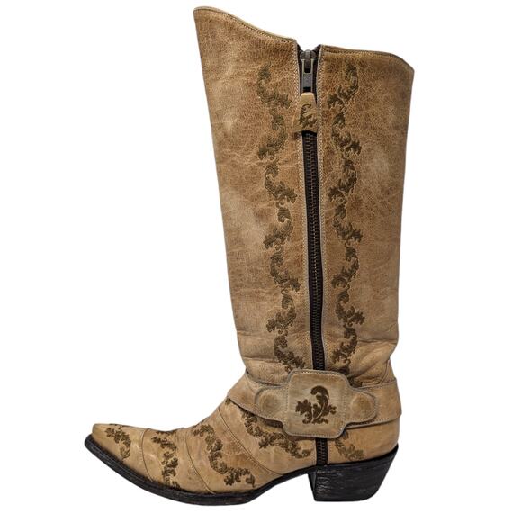 Old Gringo 7B Tan Leather Western Boots Embroidered Fleur de Lis Distressed - Picture 1 of 8